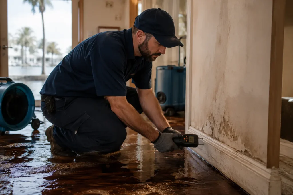 flood damage restoration Charleston SC technician assessing saltwater intrusion inside coastal flooded home