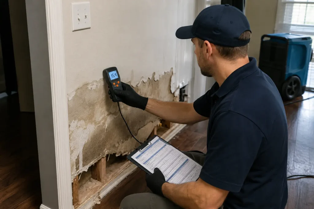 Water damage restoration cost assessment moisture meter check